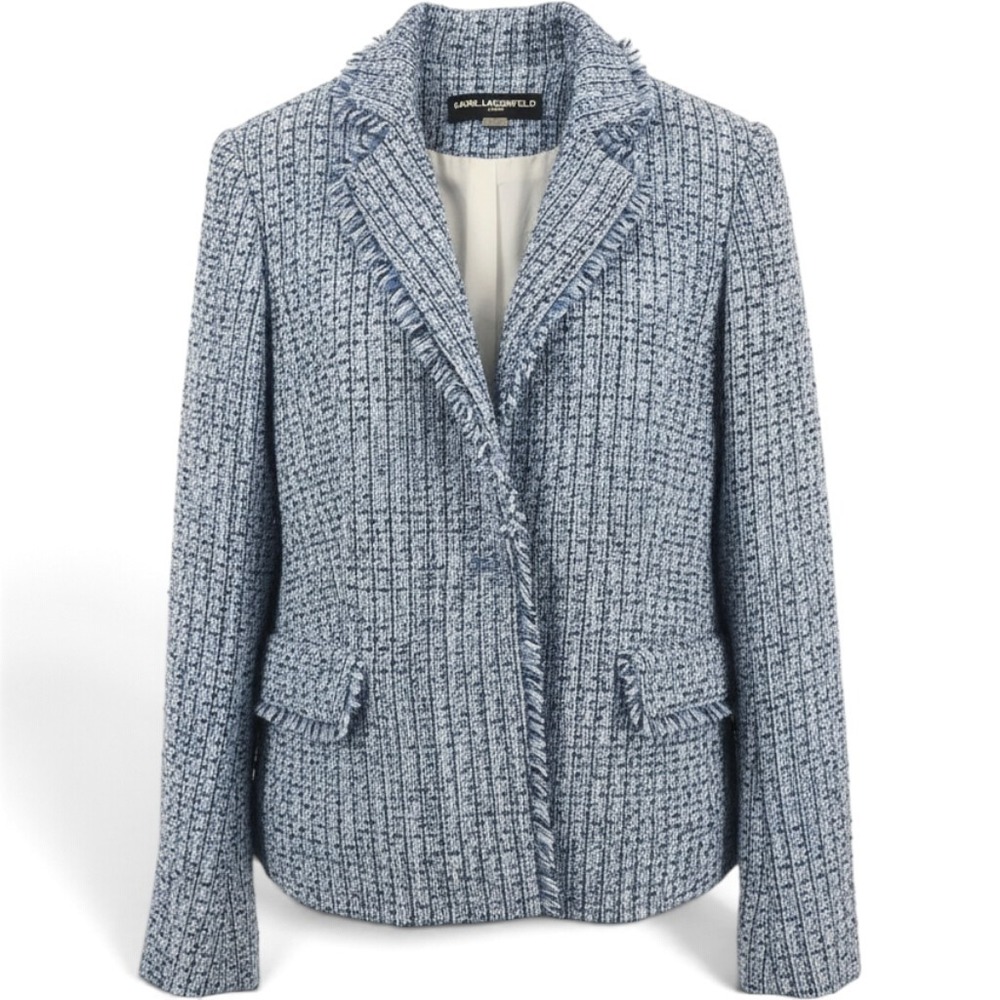 Karl Lagerfeld Paris Jacket Womens 12 Tweed Blue Fringed Open Front EUC